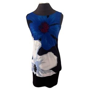 Loggia Graphic Floral Sheath Dress Small Jersey Knit Blue Black